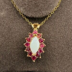 Vintage Ronte of Hollywood Gold Tone Pink Stone White Marquise Pendant Necklace